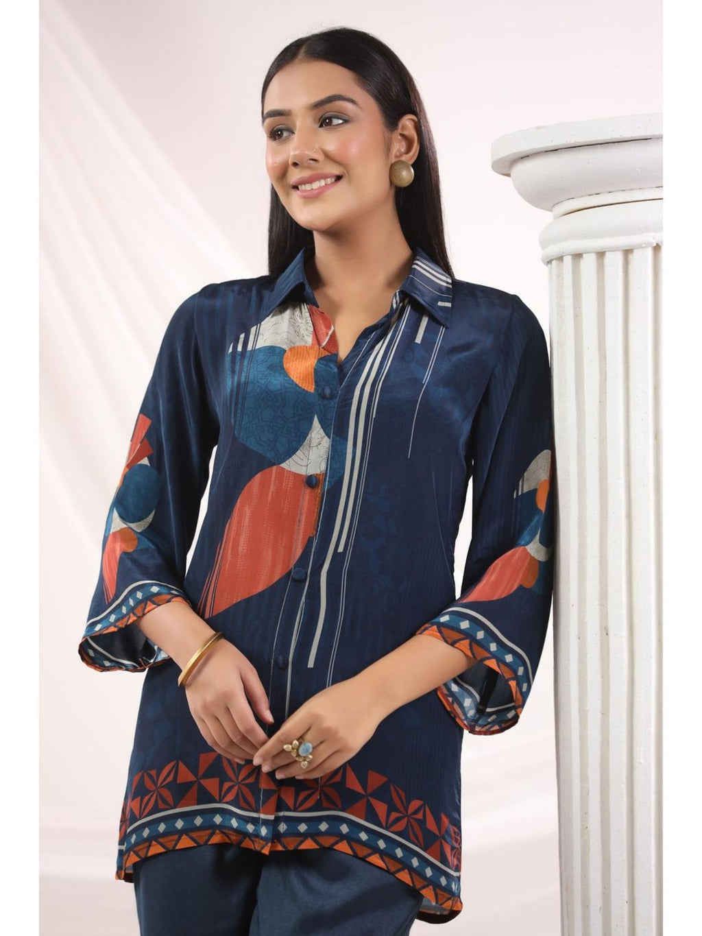 Blue Collar Neck Three Fourth Sleeves Top and Pant Co-Ord Set