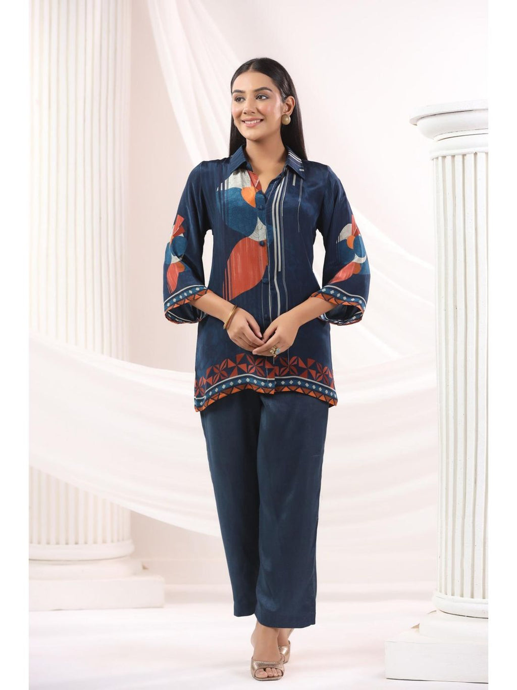 Blue Collar Neck Three Fourth Sleeves Top and Pant Co-Ord Set