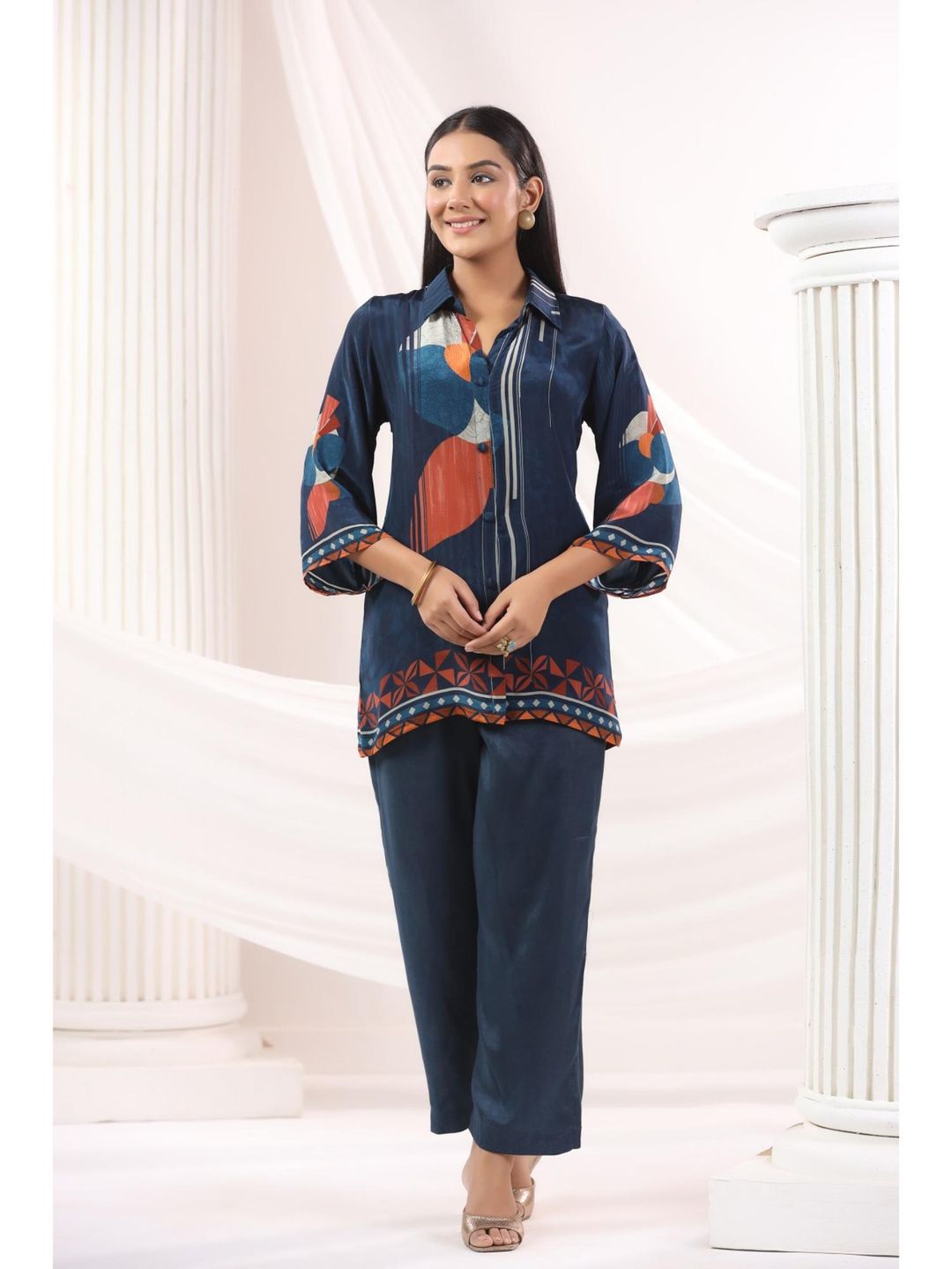 Blue Collar Neck Three Fourth Sleeves Top and Pant Co-Ord Set