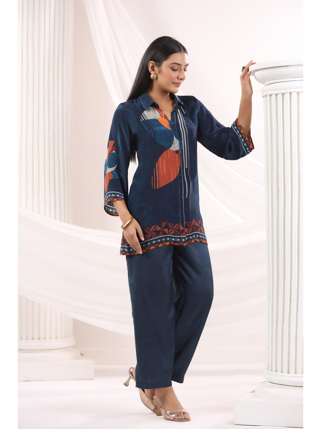 Blue Collar Neck Three Fourth Sleeves Top and Pant Co-Ord Set