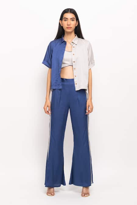 Blue Bemberg Modal Silk Colorblock Crop Shirt And Pant Set
