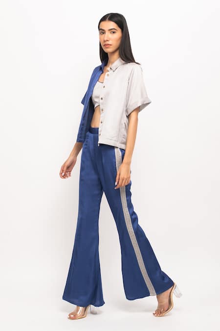 Blue Bemberg Modal Silk Colorblock Crop Shirt And Pant Set
