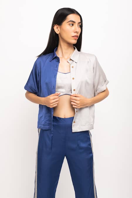 Blue Bemberg Modal Silk Colorblock Crop Shirt And Pant Set