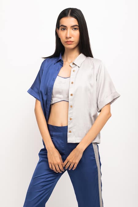 Blue Bemberg Modal Silk Colorblock Crop Shirt And Pant Set