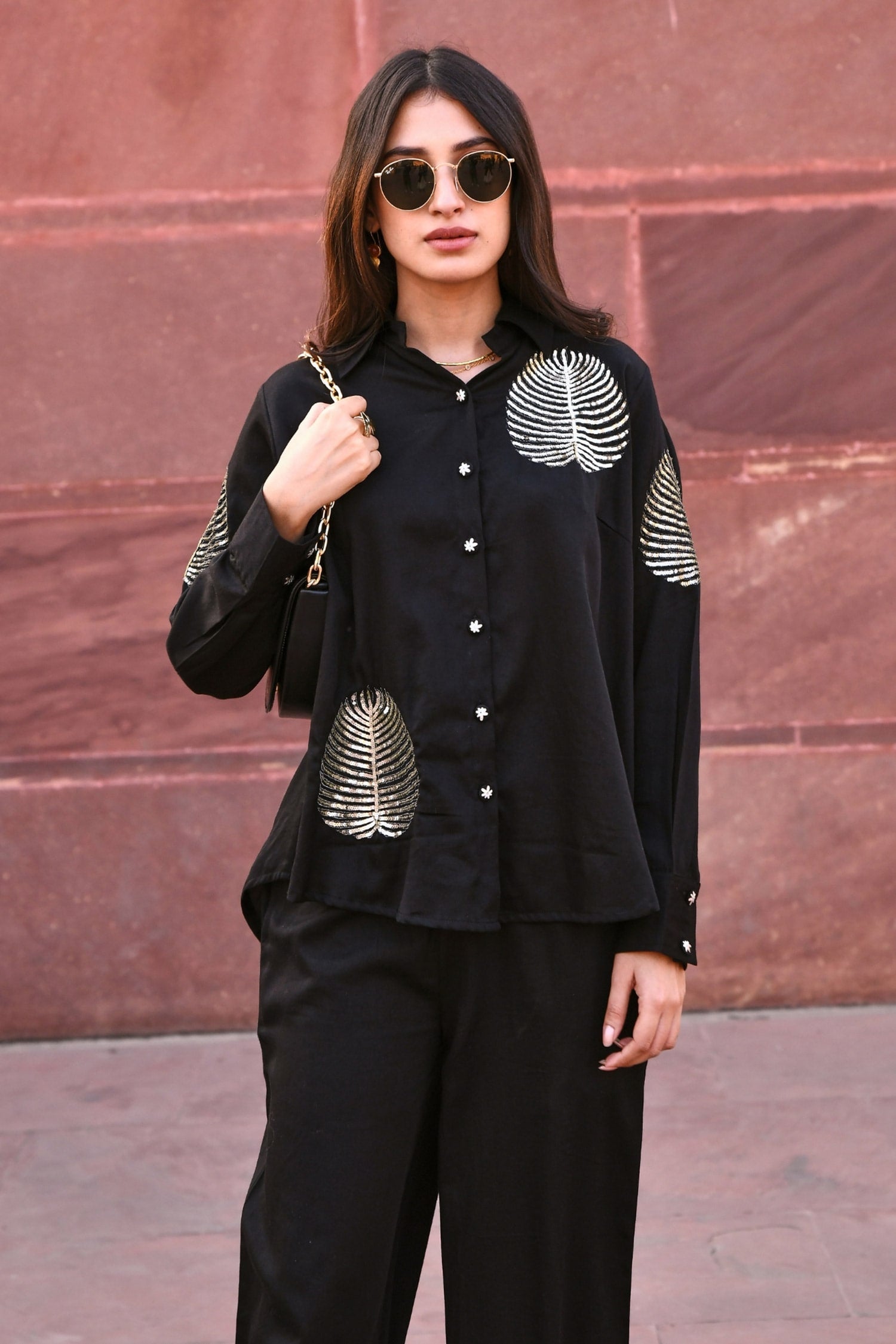 Black 100% Cotton Hand Embroidered Zari Collared Neck Shirt And Pant Set