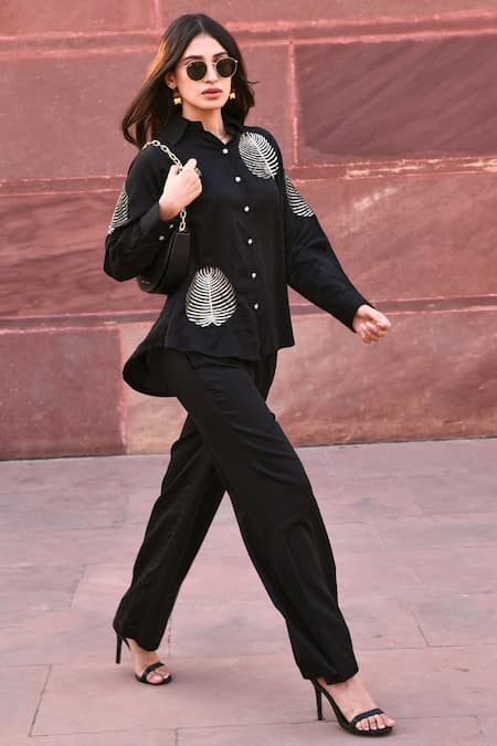 Black 100% Cotton Hand Embroidered Zari Collared Neck Shirt And Pant Set
