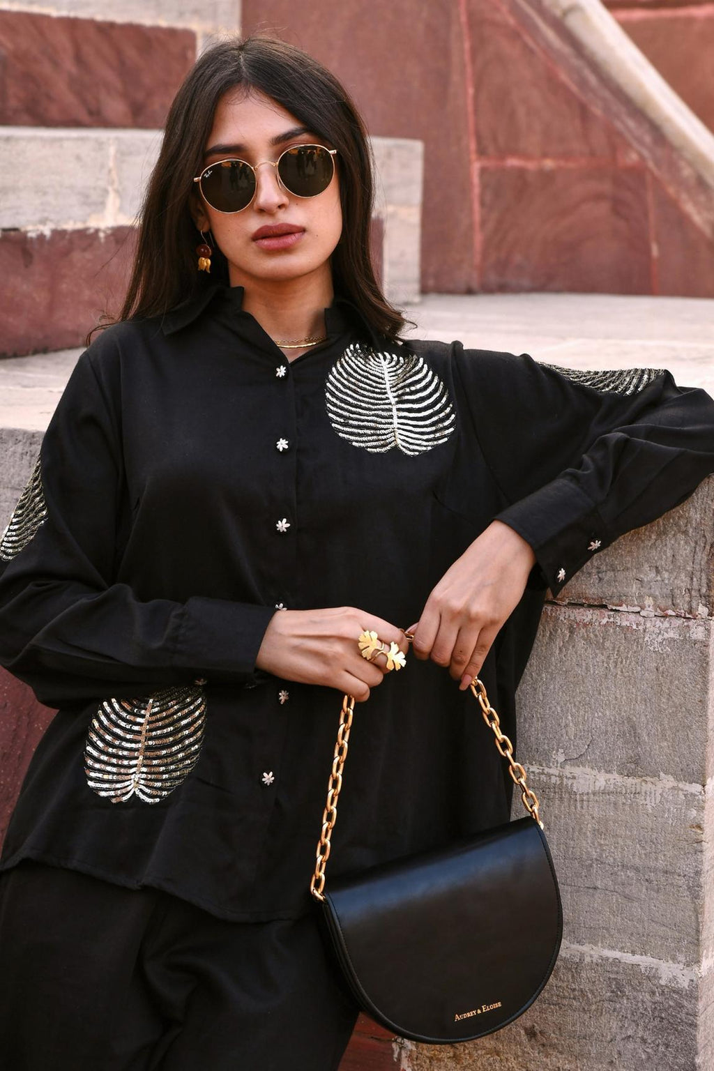 Black Cotton Embroidered Shirt And Pant Set