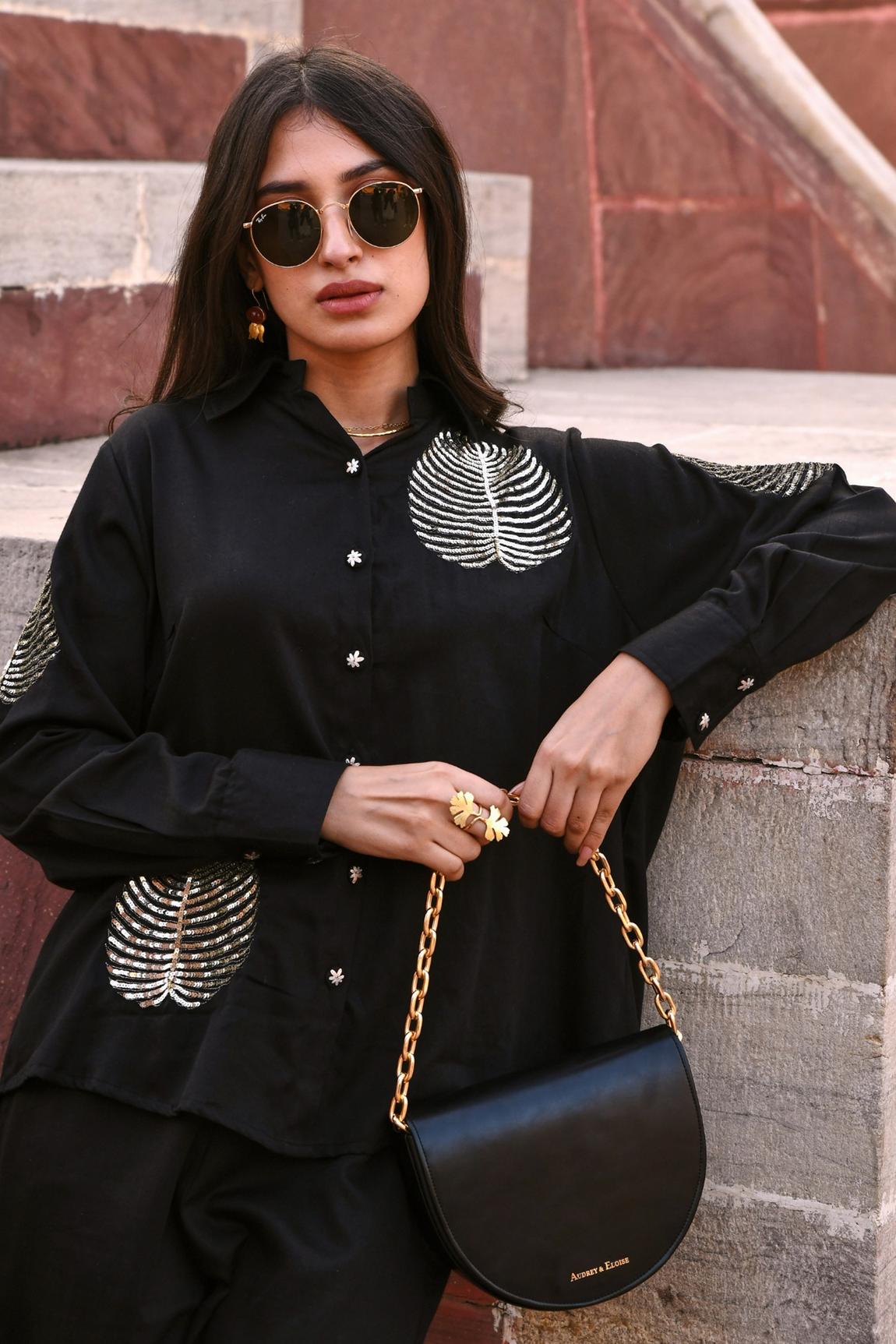 Black Cotton Embroidered Shirt And Pant Set
