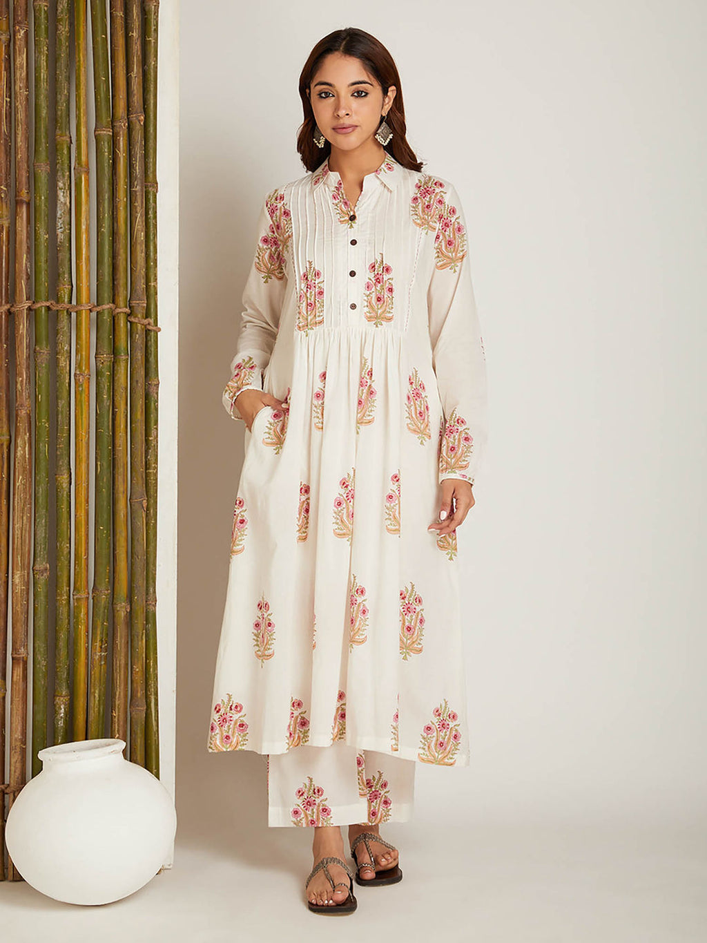 Block Printed A-Line Off White Pintuck Detailing Co-Ord (Set of 2)