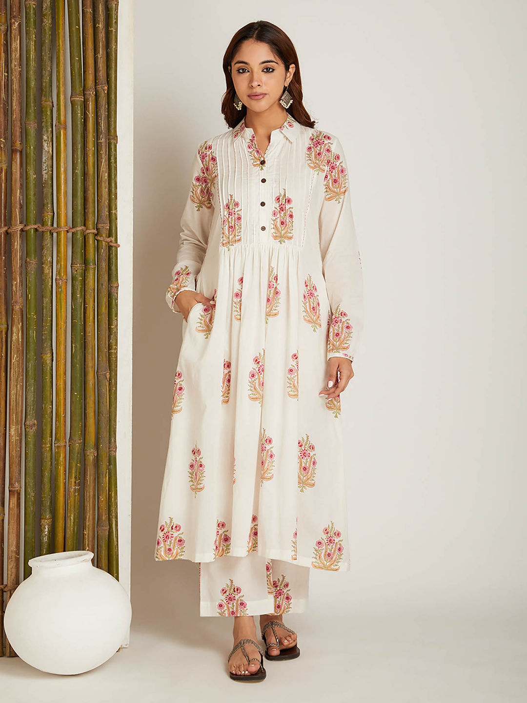 Block Printed A-Line Off White Pintuck Detailing Co-Ord (Set of 2)