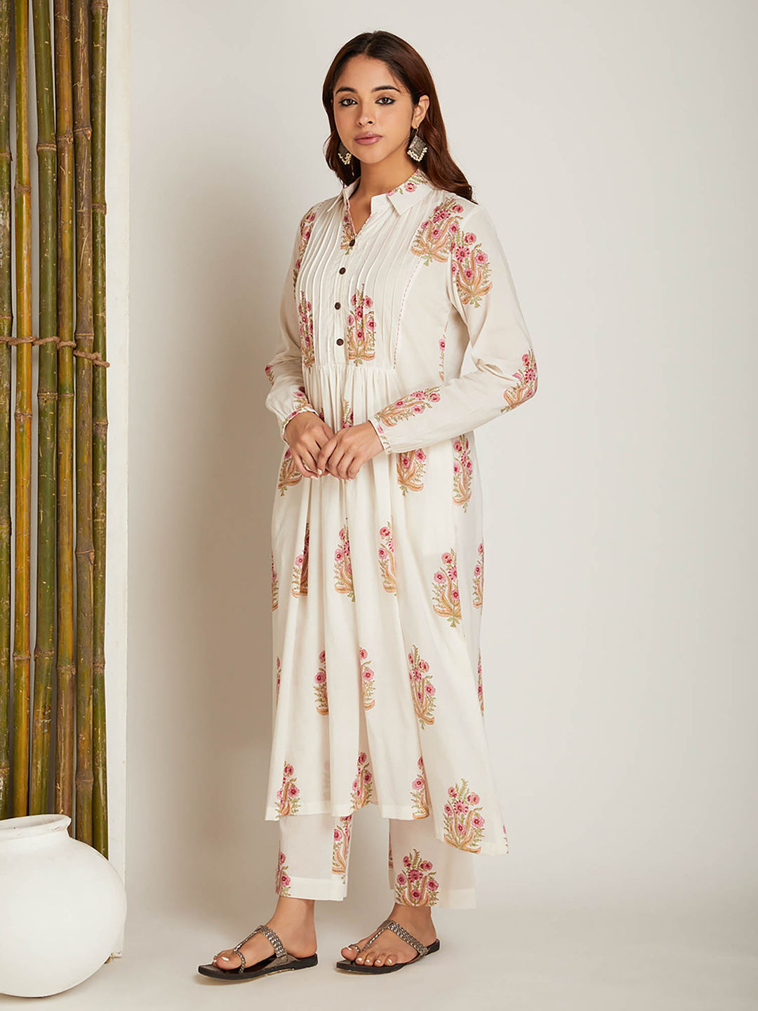 Block Printed A-Line Off White Pintuck Detailing Co-Ord (Set of 2)