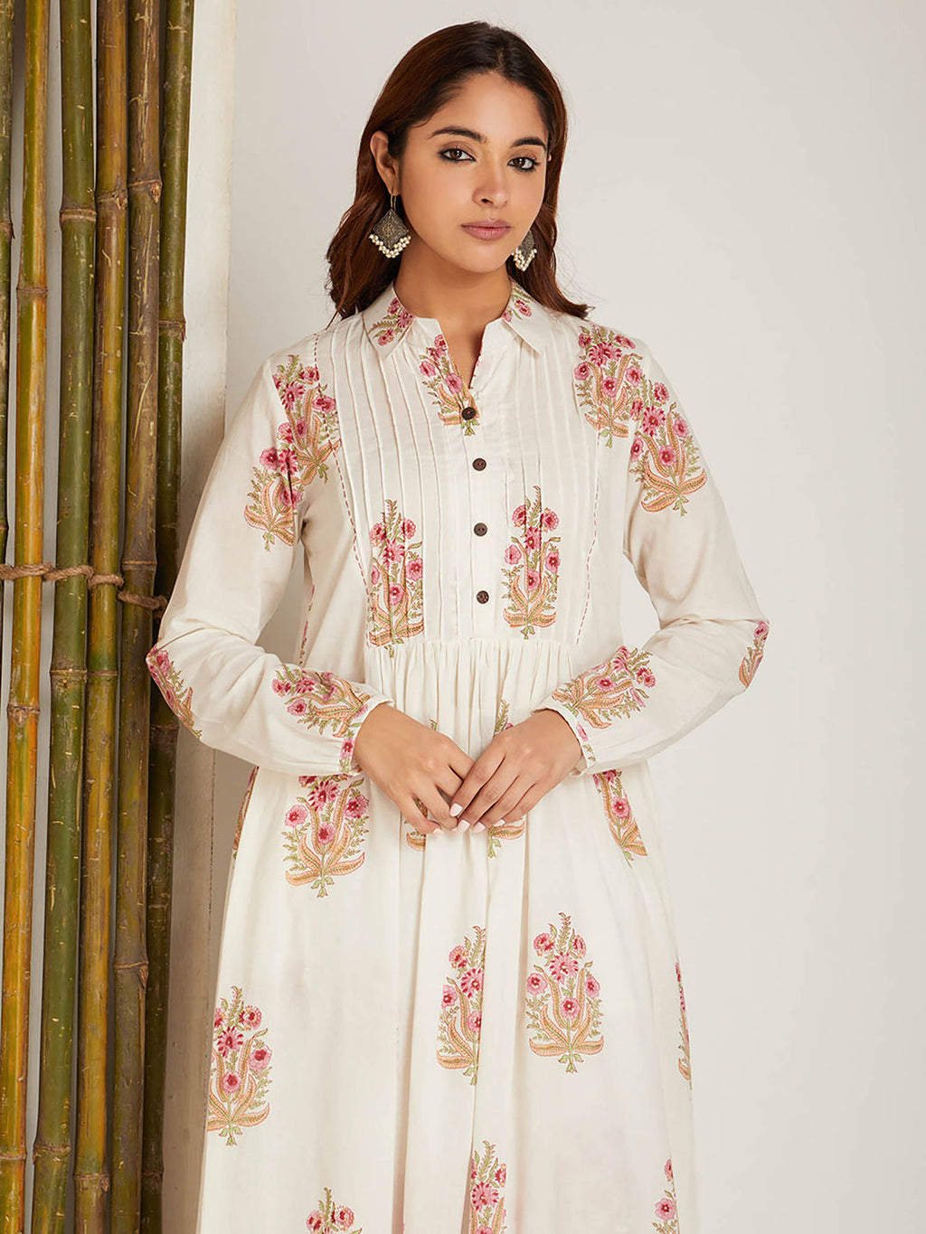 Block Printed A-Line Off White Pintuck Detailing Co-Ord (Set of 2)