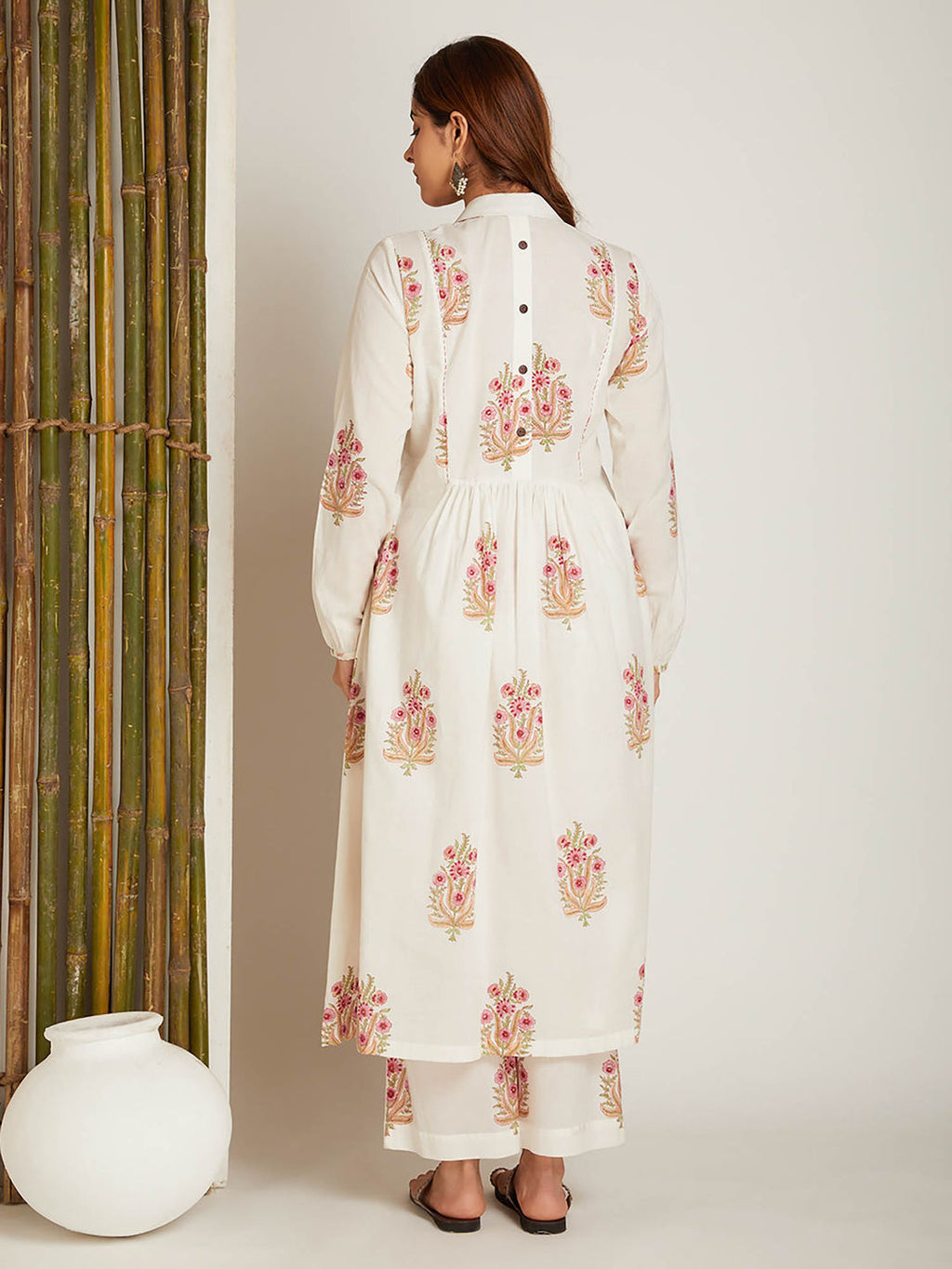 Block Printed A-Line Off White Pintuck Detailing Co-Ord (Set of 2)