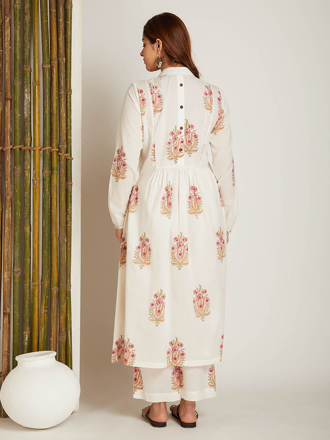 Block Printed A-Line Off White Pintuck Detailing Co-Ord (Set of 2)