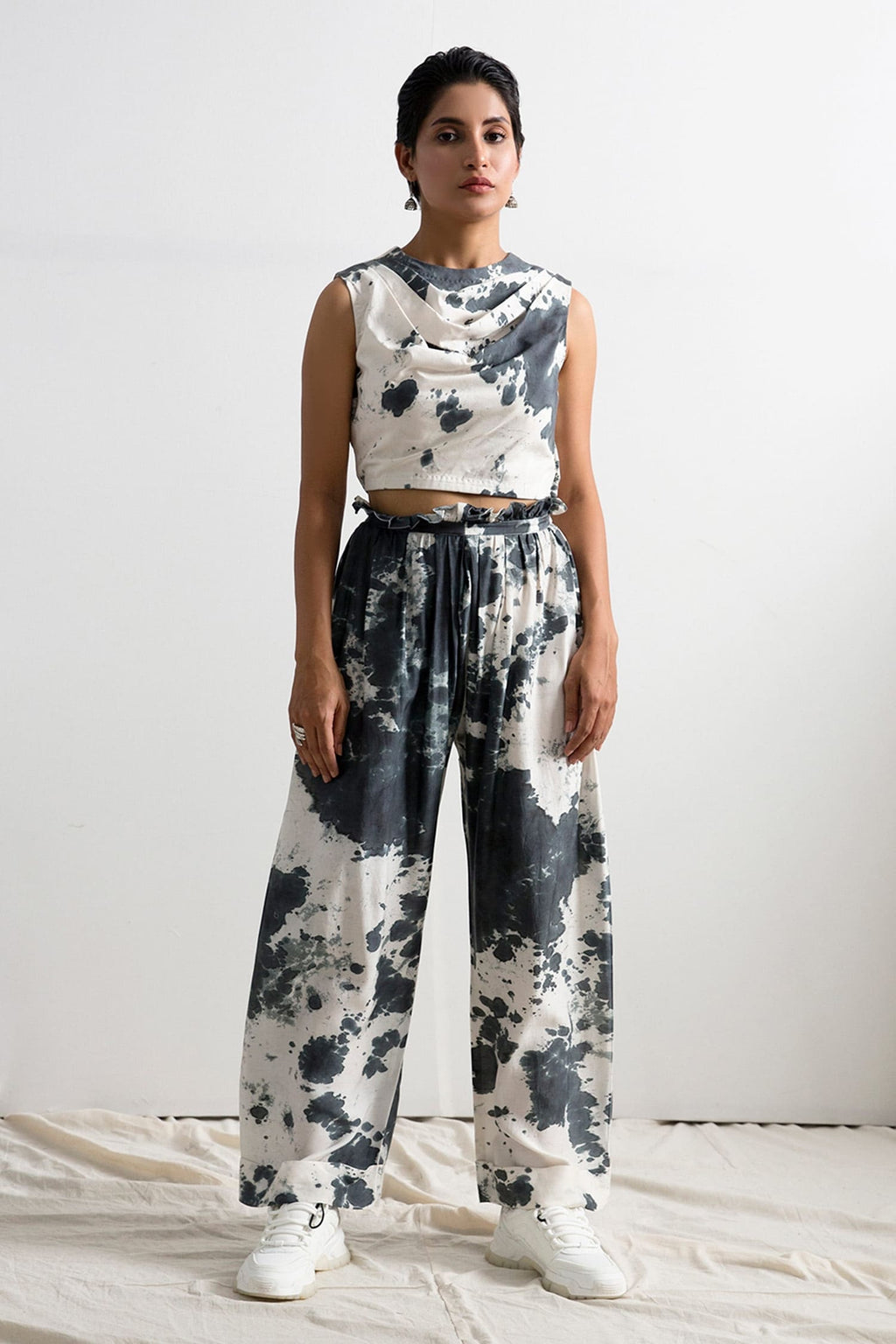 Black Muslin Silk Cowl Helen Tie Dye Co-ord Pant Set For Women