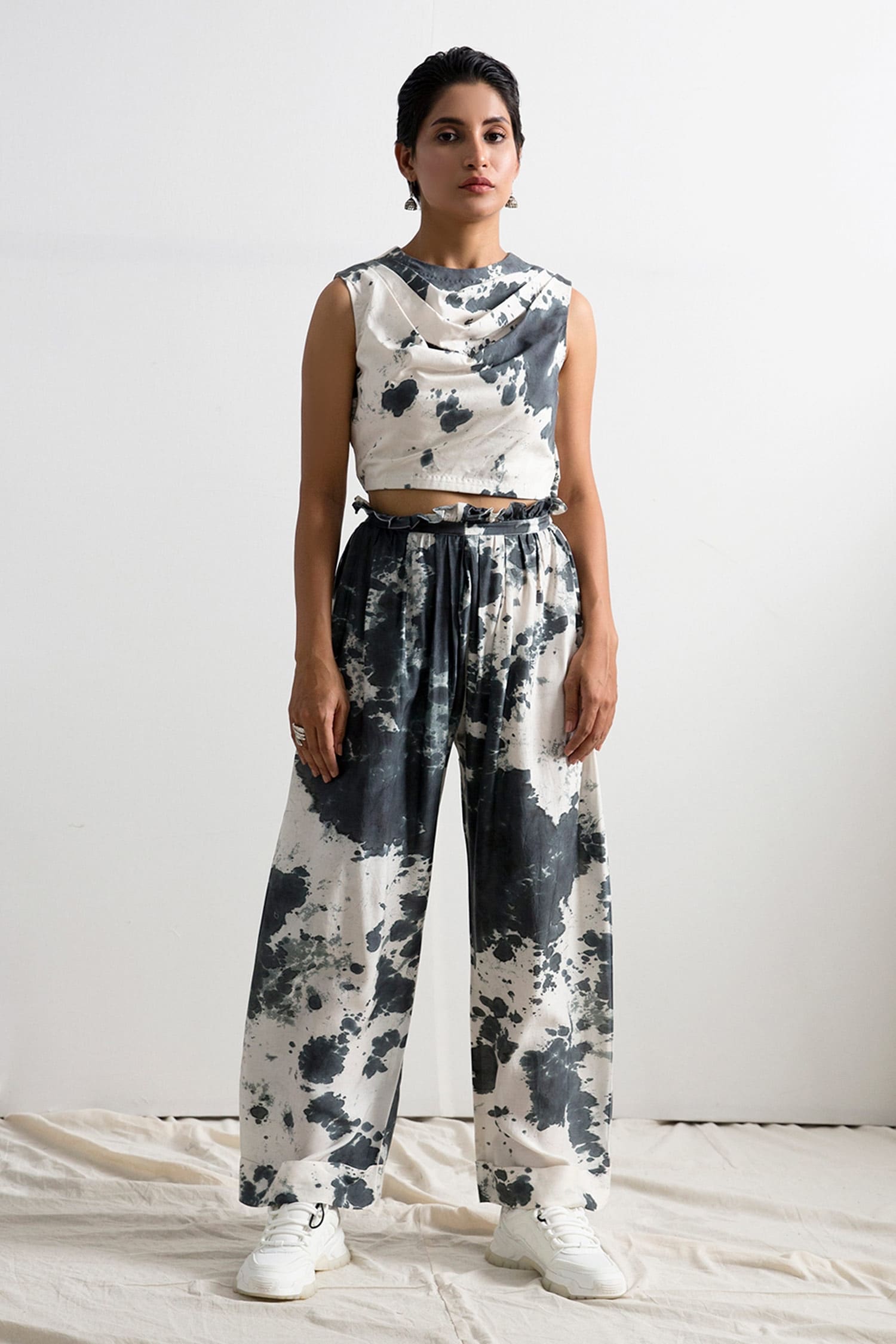 Black Muslin Silk Cowl Helen Tie Dye Co-ord Pant Set For Women