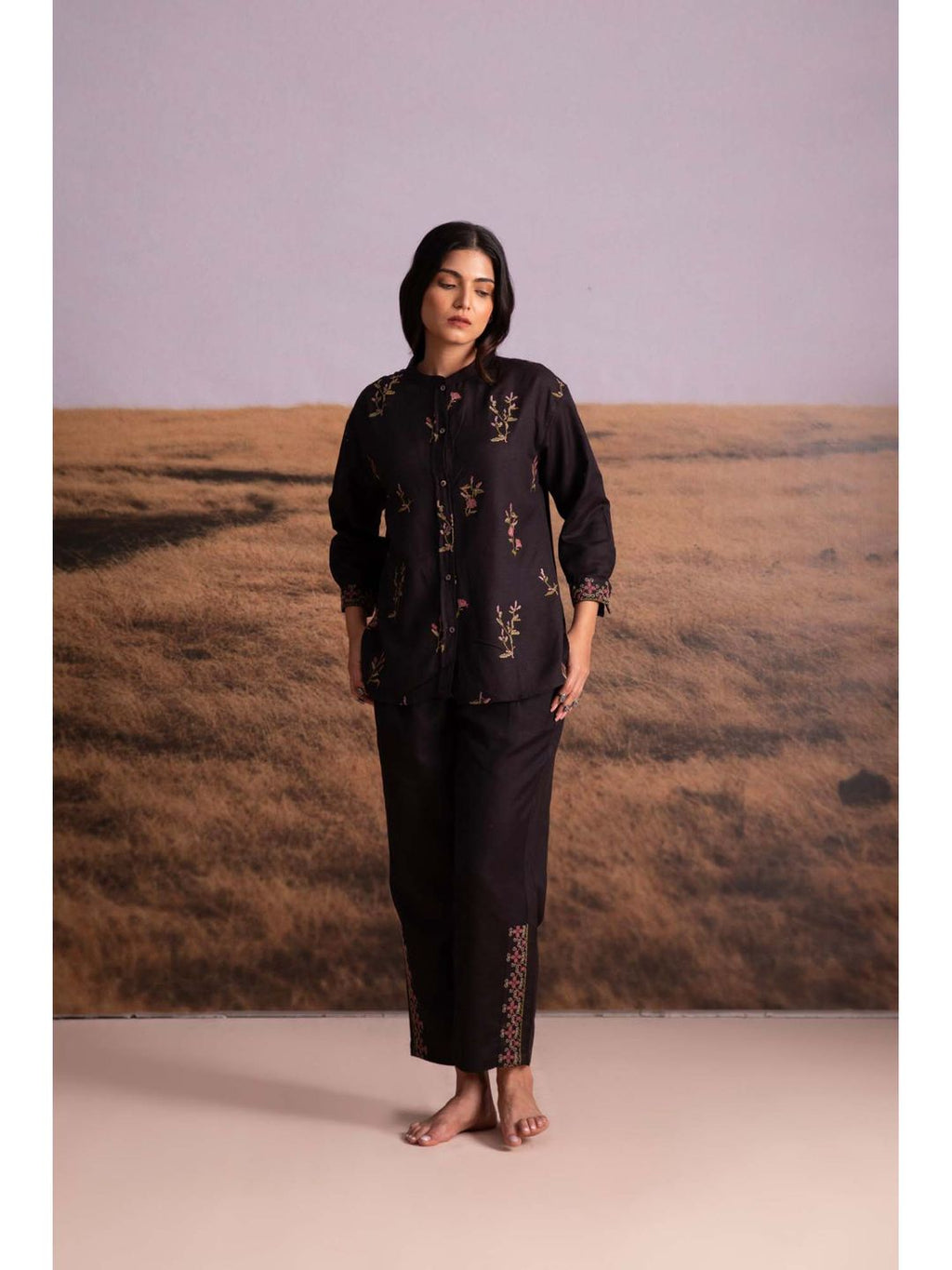 Black Cross-Stitch Linen Co-Ord (Set of 2)