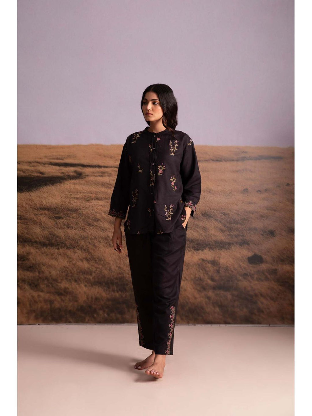 Black Cross-Stitch Linen Co-Ord (Set of 2)