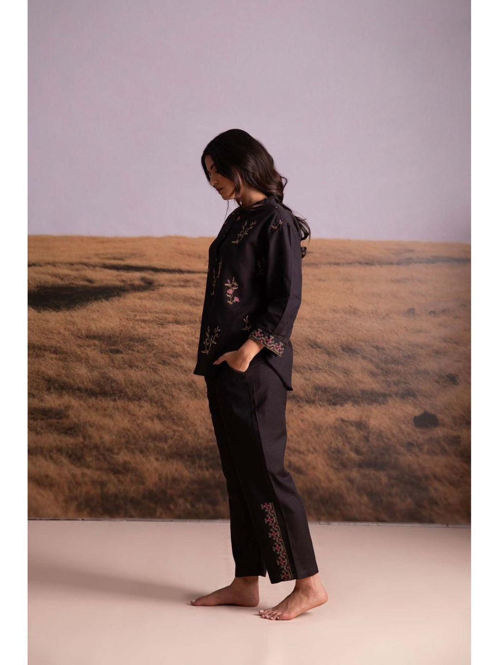 Black Cross-Stitch Linen Co-Ord (Set of 2)