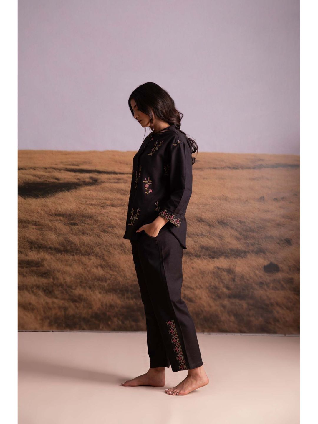 Black Cross-Stitch Linen Co-Ord (Set of 2)