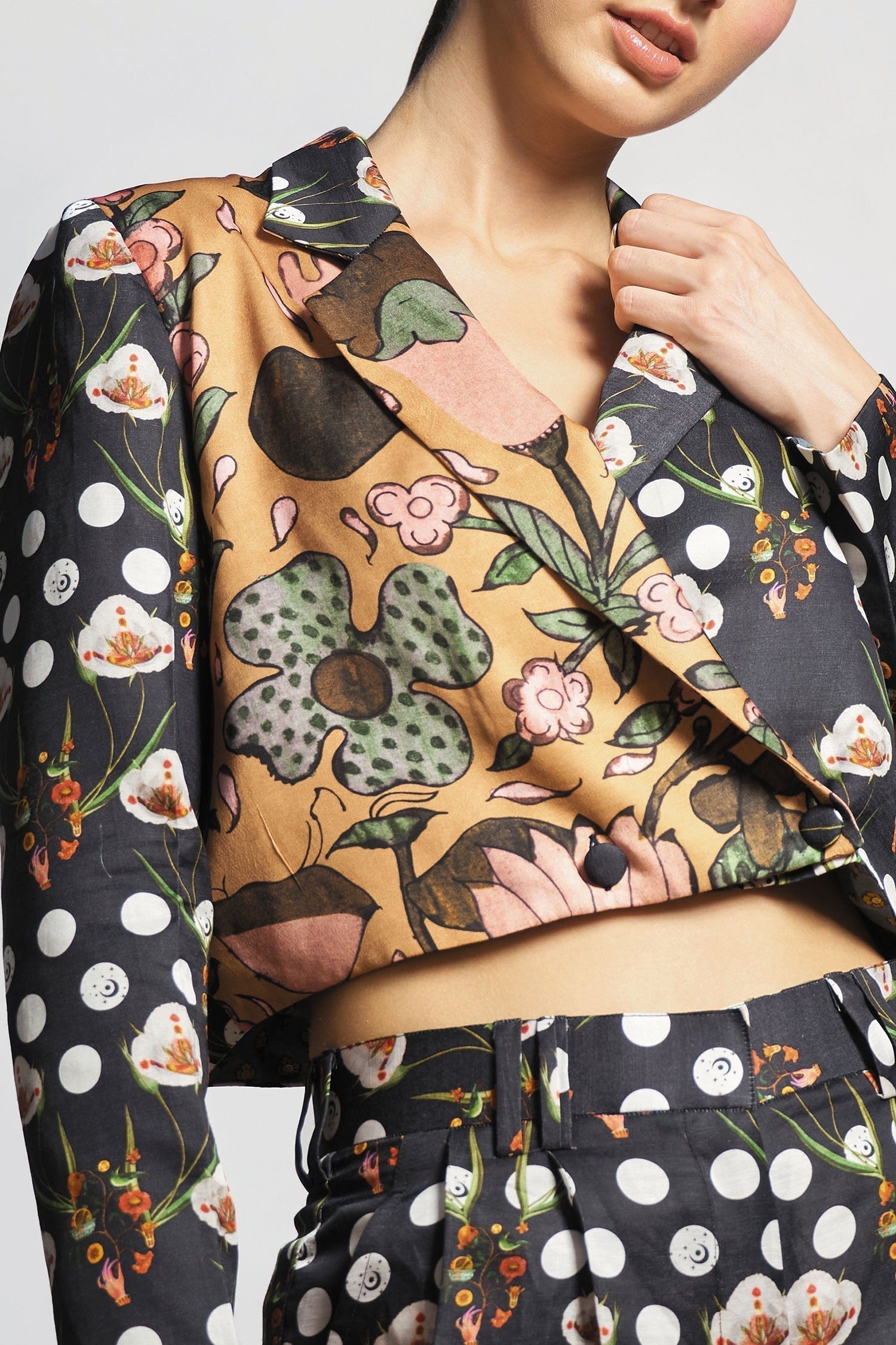 Black Cotton Print Moon Odyssey Lapel Collar Cropped Blazer And Pant Set For Women