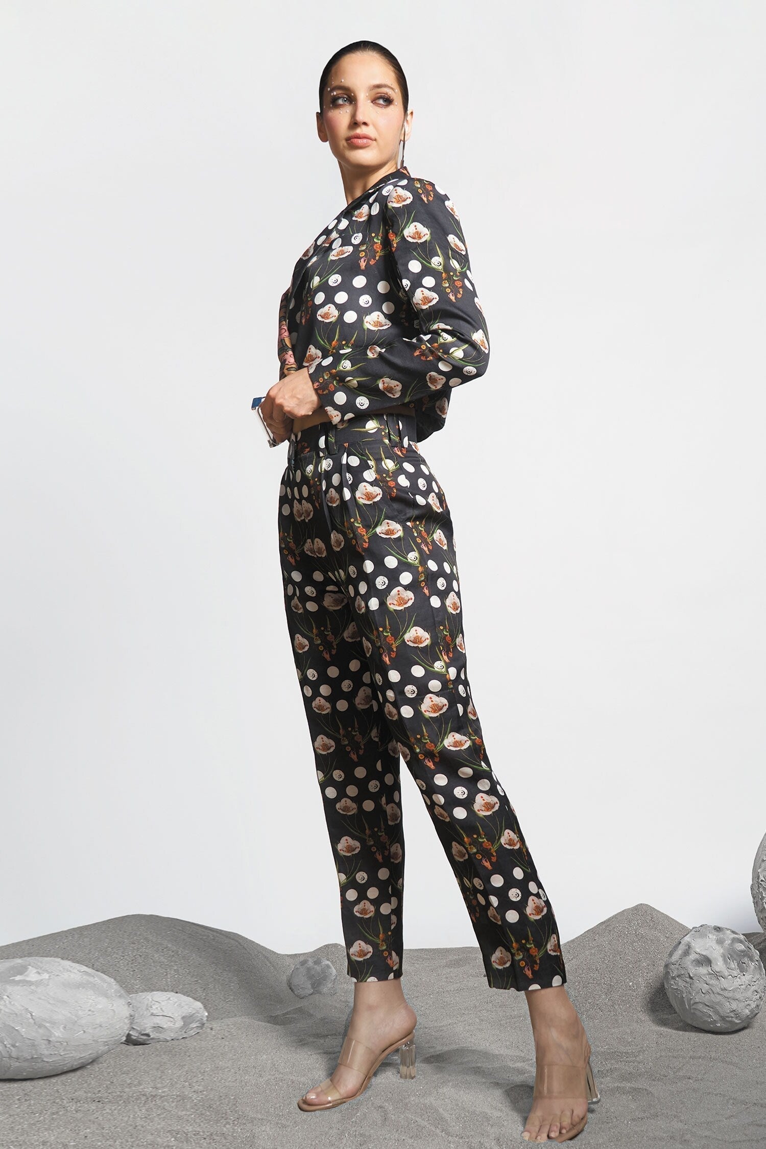 Black Cotton Print Moon Odyssey Lapel Collar Cropped Blazer And Pant Set For Women