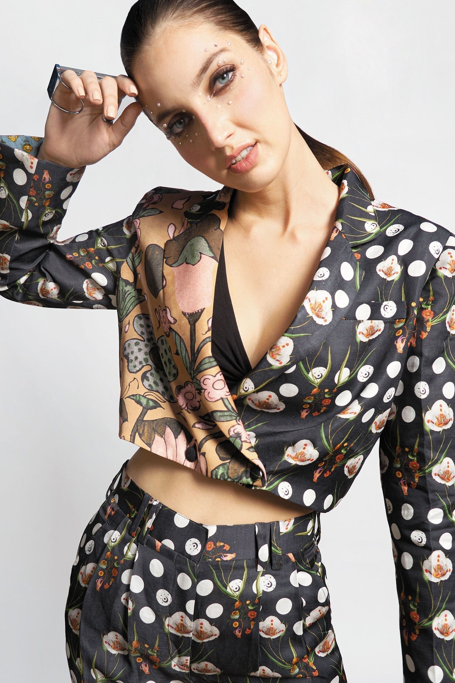 Black Cotton Print Moon Odyssey Lapel Collar Cropped Blazer And Pant Set For Women