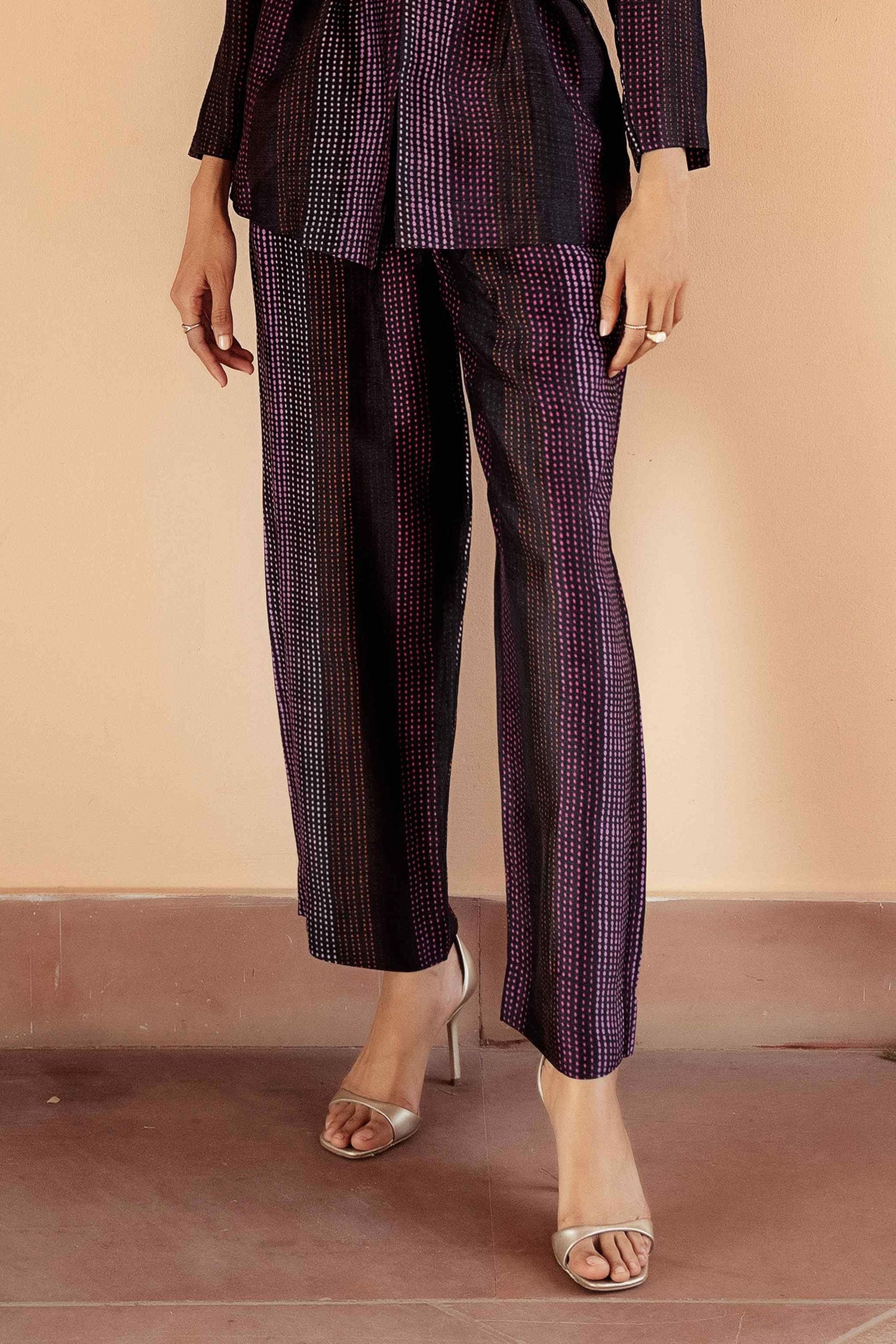 Black Dupion Silk Printed Dotted Stripes Safar Blazer And Pant Set For Women